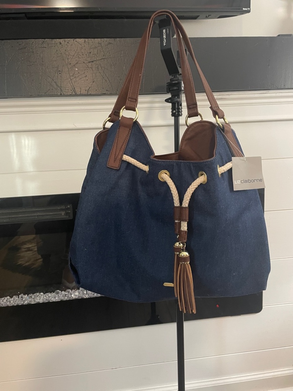 Liz Claiborne Navy and Brown Rope-Accent Drawstring Tote